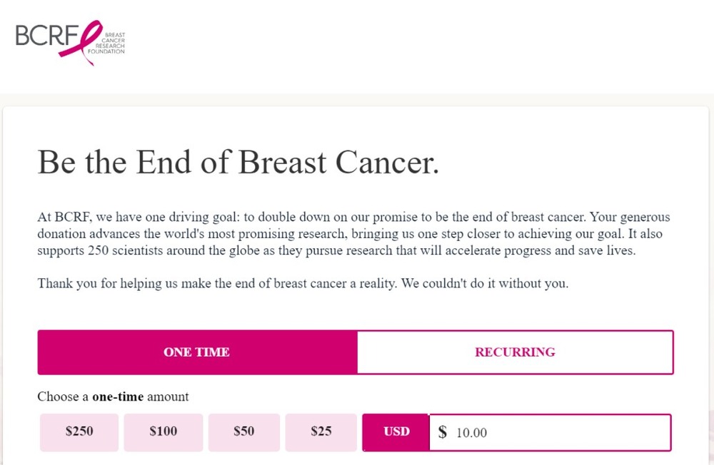 BCRF's donation selection process using peer-to-peer fundraising software