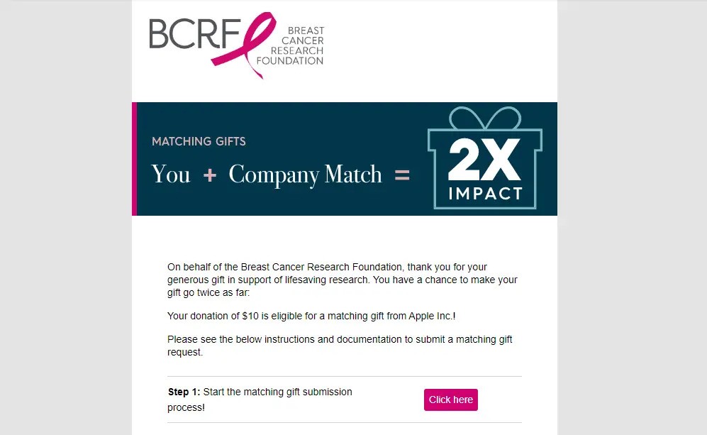 BCRF's matching gift follow-up email using peer-to-peer fundraising software