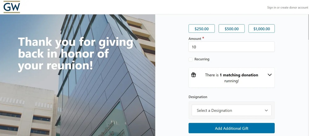 George Washington University's donation selection process using peer-to-peer fundraising software