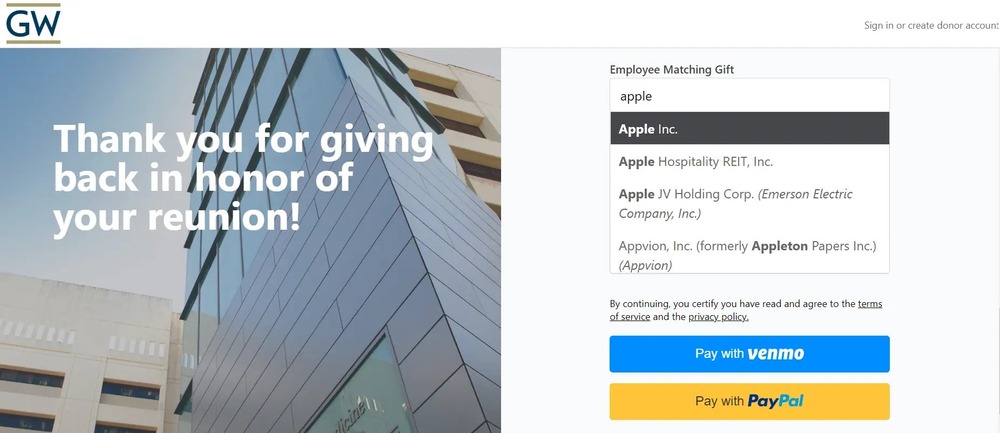 Employer selection using peer-to-peer fundraising software on George Washington University's giving page