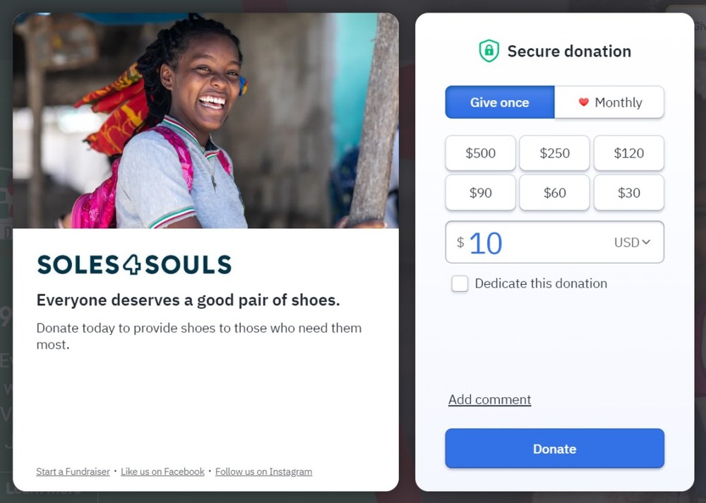Soles4Souls' donation selection process using peer-to-peer fundraising software