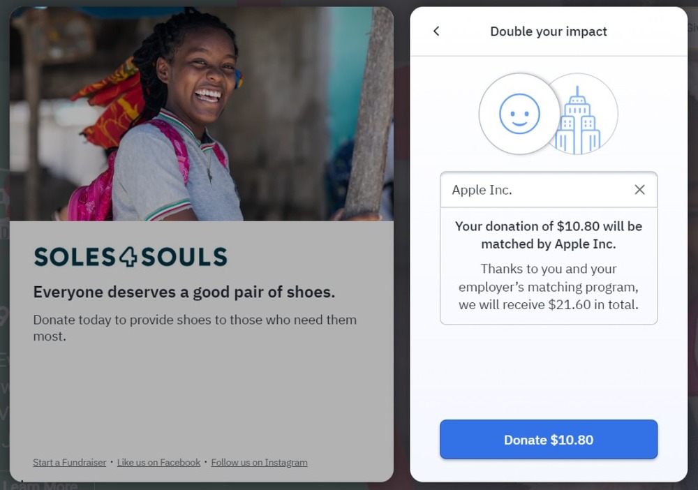 Soles4Souls' employer selection using peer-to-peer fundraising software