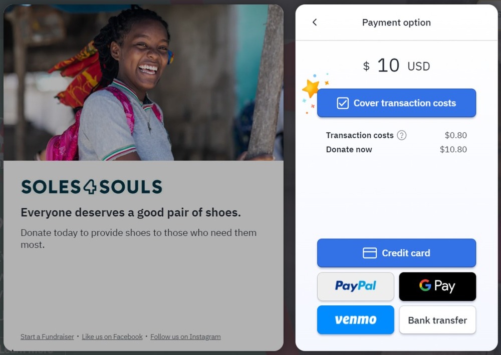 Soles4Souls' gift submission process using peer-to-peer fundraising software