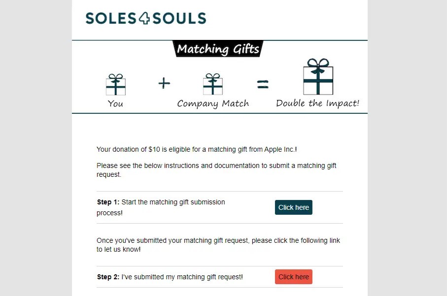 Soles4Souls' matching gift follow-up email using peer-to-peer fundraising software