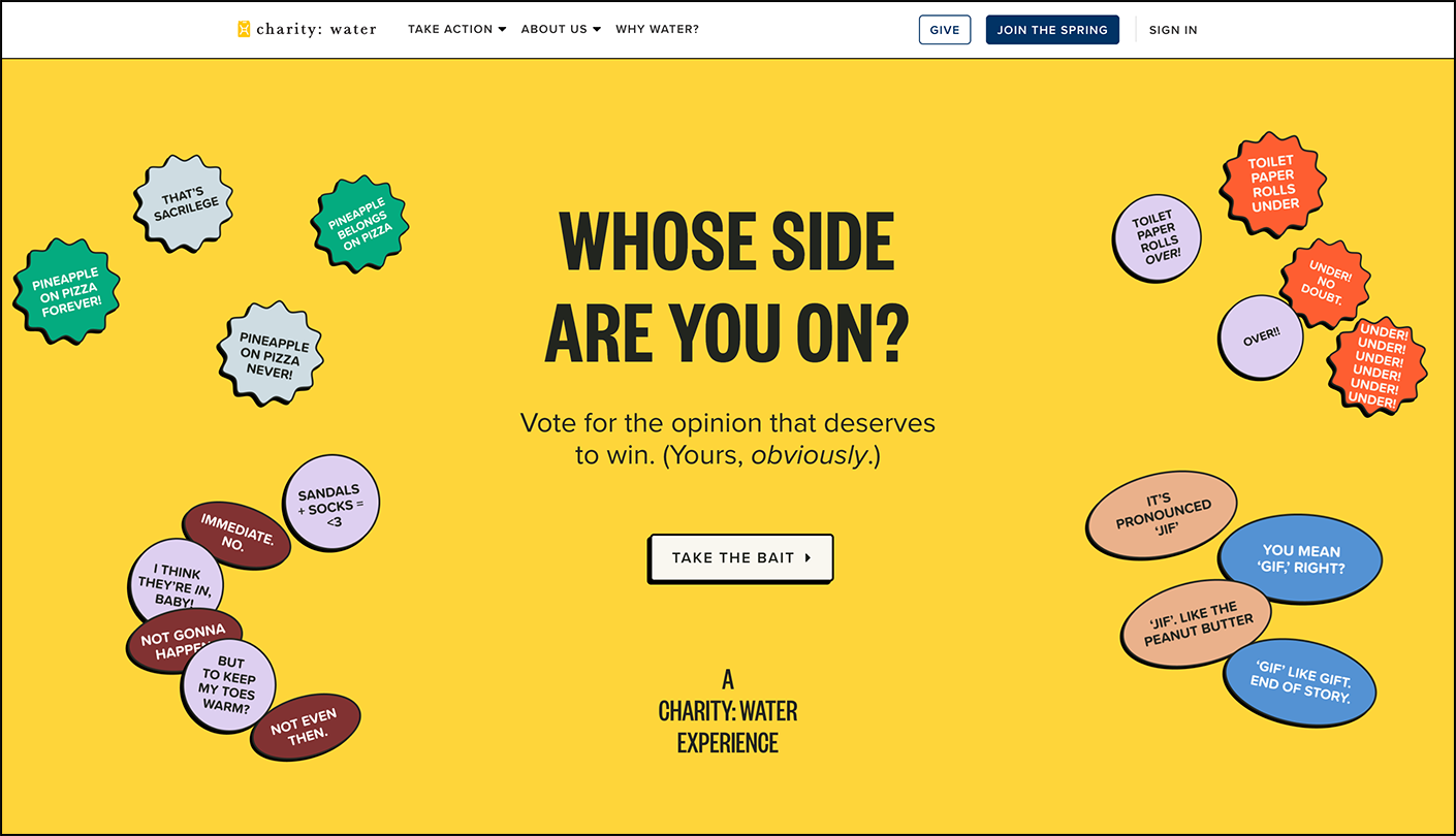 A screenshot of charity: water's "Pick a Side" campaign.