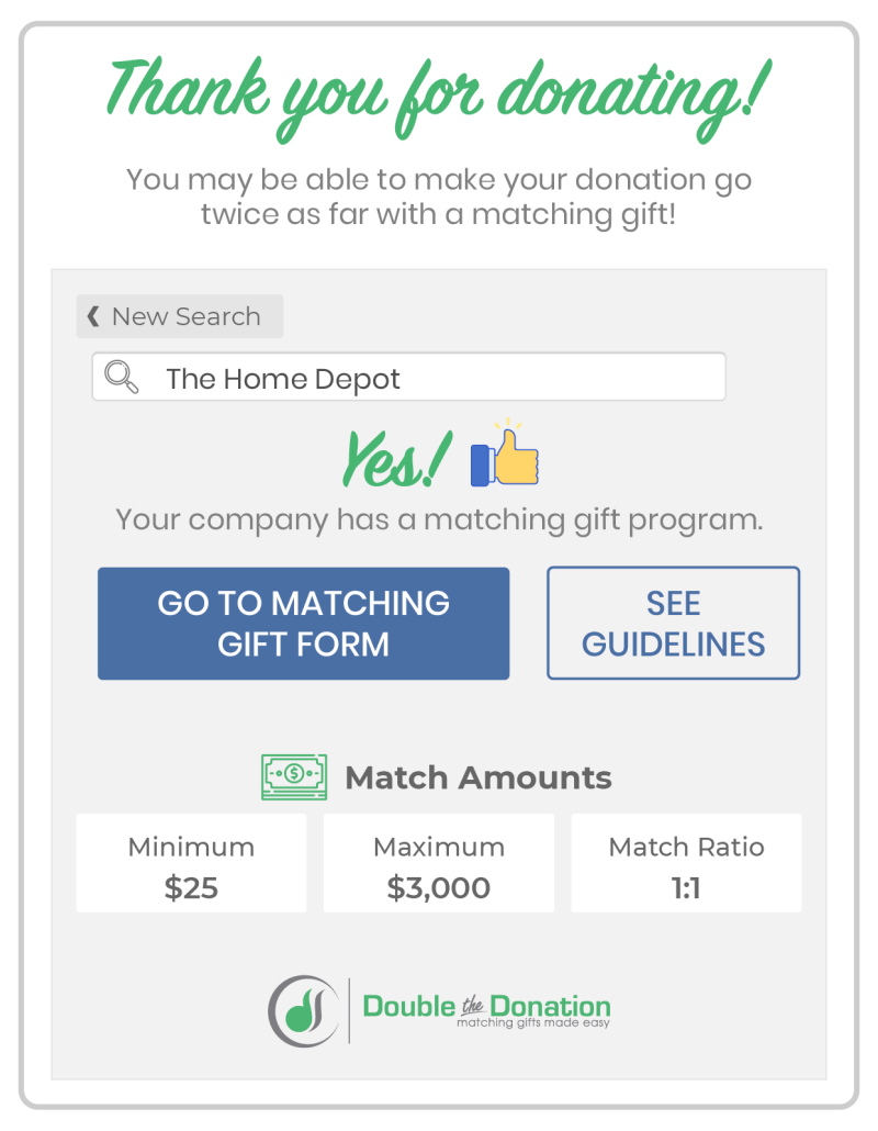 Matching gift integration example: confirmation page