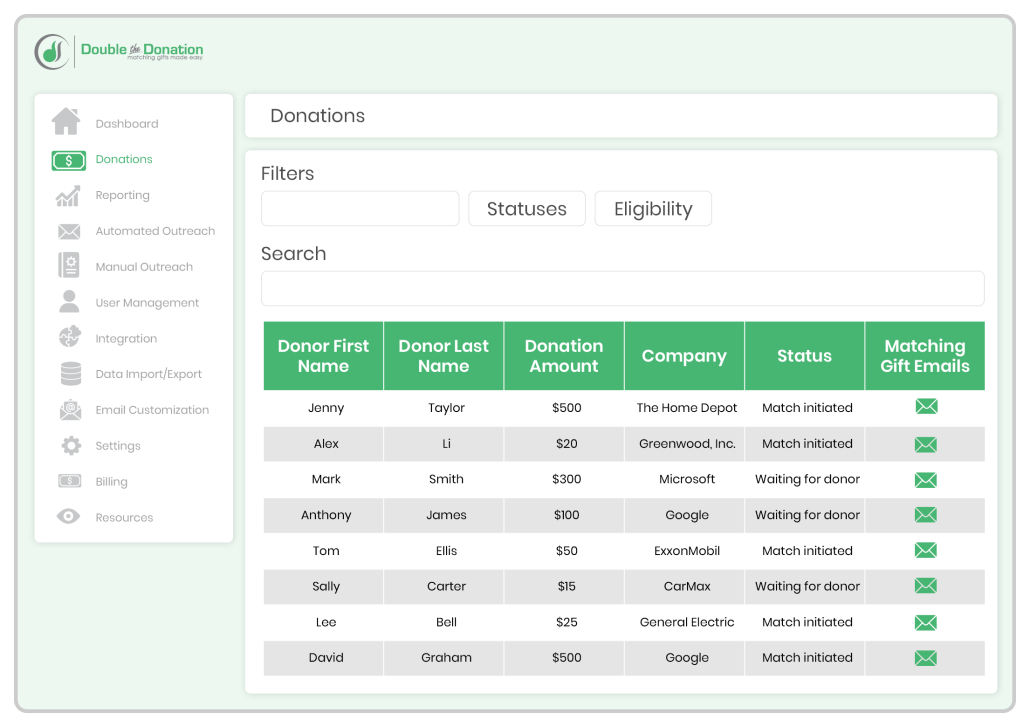 Matching gift integration example: matching gift dashboard