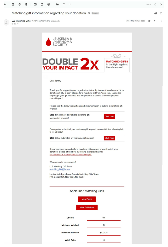 Matching gift integration example: follow-up email