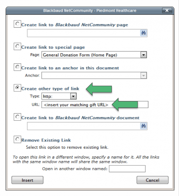 Add Matching Gift Link within Blackbaud NetCommunity