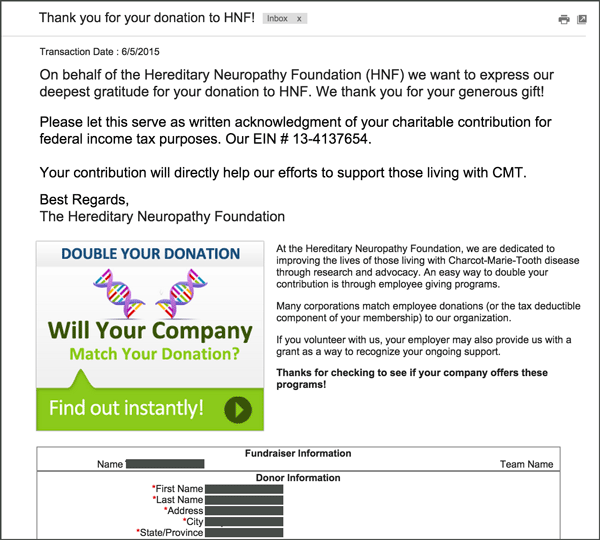 Thank you email featuring corporate matching gift programs