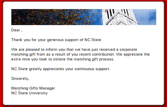 NC State Matching Gift Thank You Email
