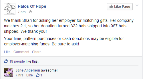 Halos of Hope Matching Gift Thank You on Facebook