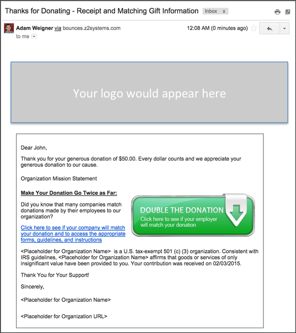 Matching Gift Information will be Included in the Thank You Email