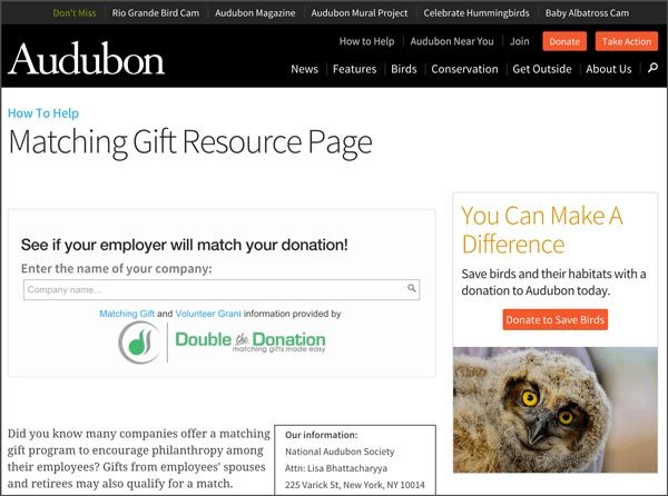 Check out how the National Audobon Society incorporated matching gifts tools into their site.