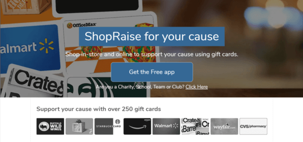 This is a screenshot of the landing page for ShopRaise's gift card fundraiser, a convenient online fundraising idea.