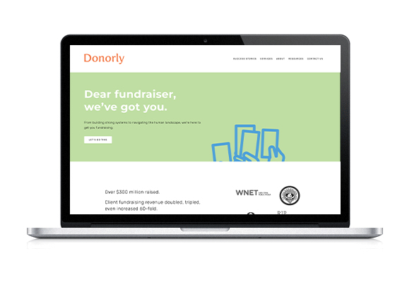A laptop showing the website homepage for Donorly, one of our top capital campaign consultants