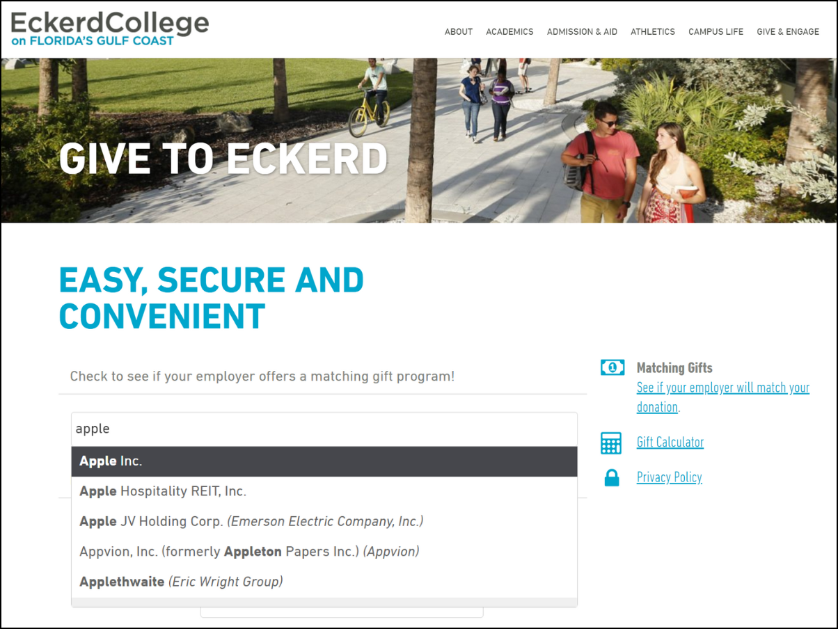 Eckerd College example - matching gifts and higher education donation page