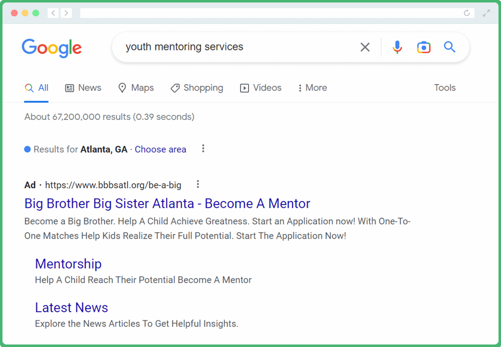 A Google Ad Grant allows nonprofits to place links labeled "Ad" at the top of search results - for free!