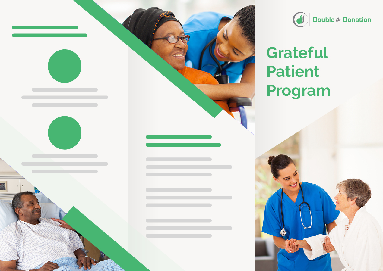 The image shows an example grateful patient program brochure with placeholder text for the information. 