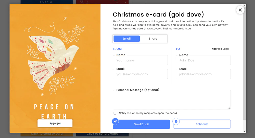 This screenshot shows how UnitingWorld implemented a holiday eCard fundraiser.