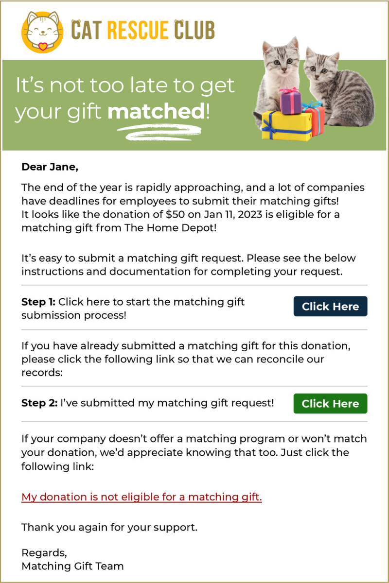 Example of marketing matching gifts in your digital communications via year-end reminder