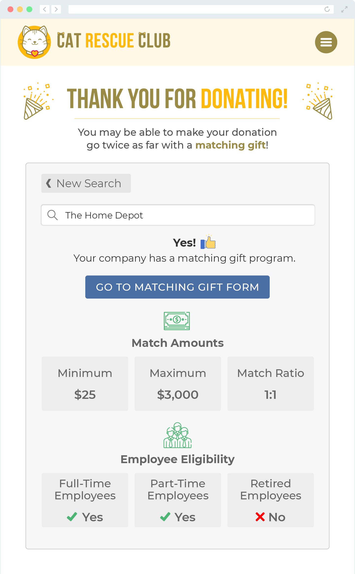 Marketing matching gifts in the donation process using confirmation screens