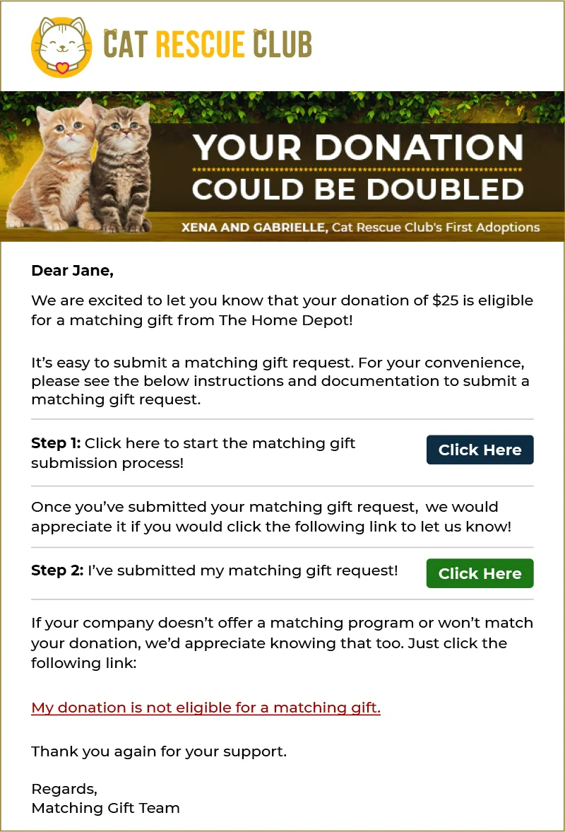 Marketing matching gifts in the donation process using follow-up emails