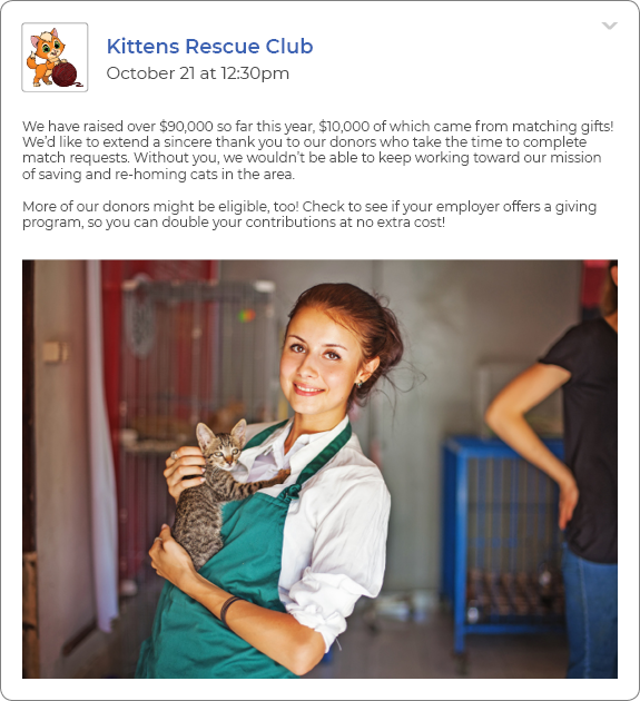 Social media recognition like this is a great way to retain your matching gift donors.