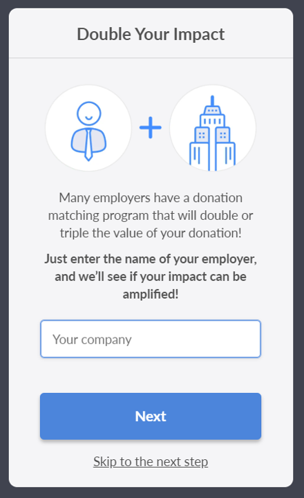 The 360MatchPro by Double the Donation company name search field is in the Fundraise Up checkout flow.