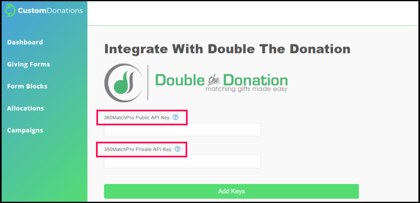 Custom Donations - API Key Page