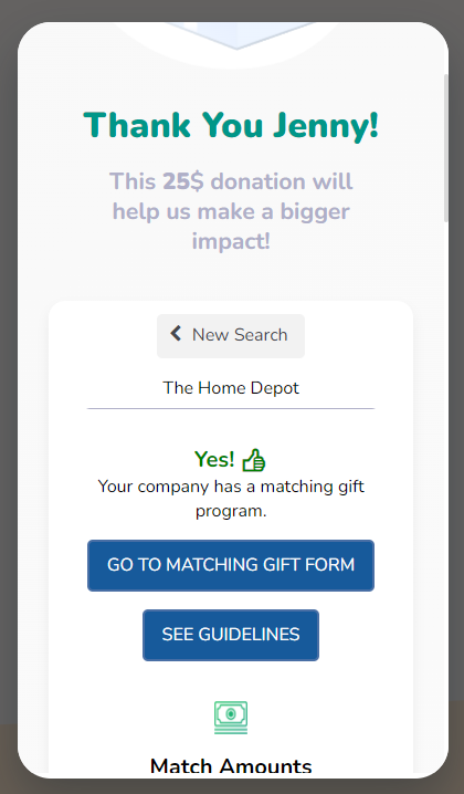 Donors can take their next steps to get their gift matched directly on the confirmation page.