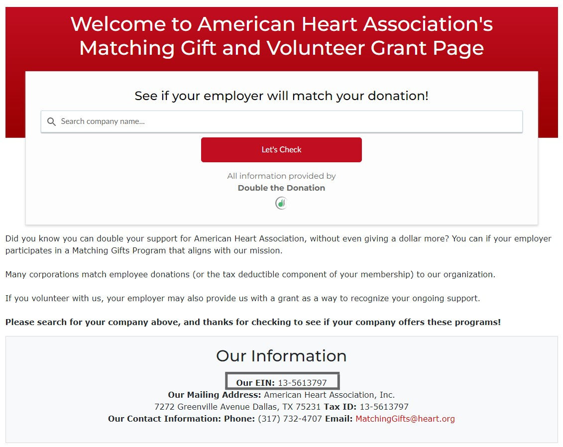 Here's how AHA uses EIN numbers for matching gift programs.