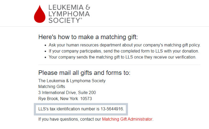 Here's how LLS uses EIN numbers for matching gift programs.