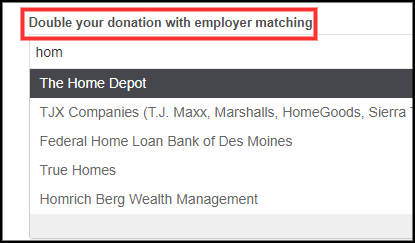 The 360MatchPro autocomplete search tool appears on Donately donation forms.