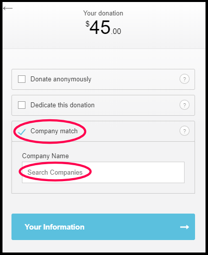 This image shows the Funraise donation page with the option to enter an employer for company matching programs.