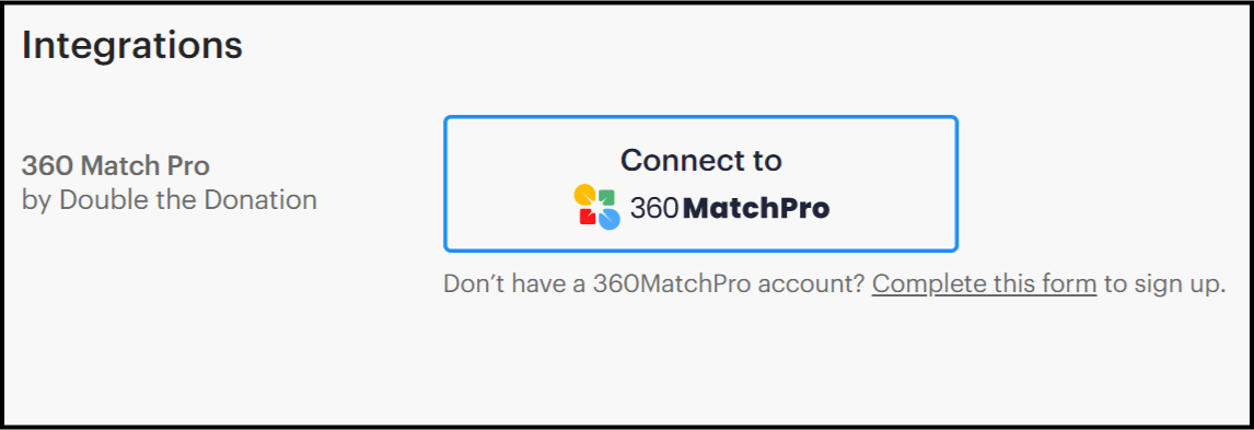 GiveForms - integrations page with option to connect to 360MatchPro