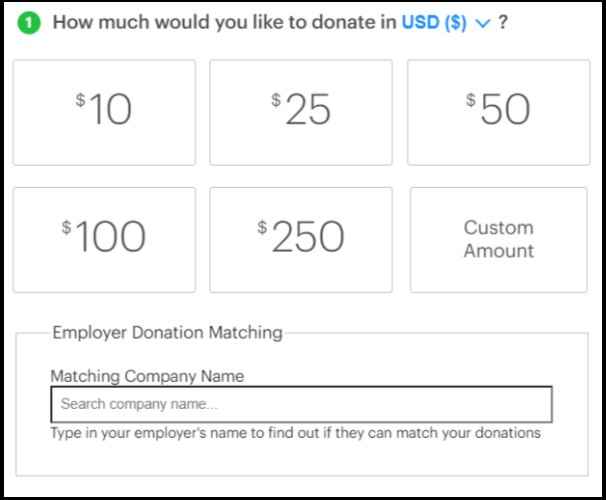 GiveForms donation form with 360MatchPro search field