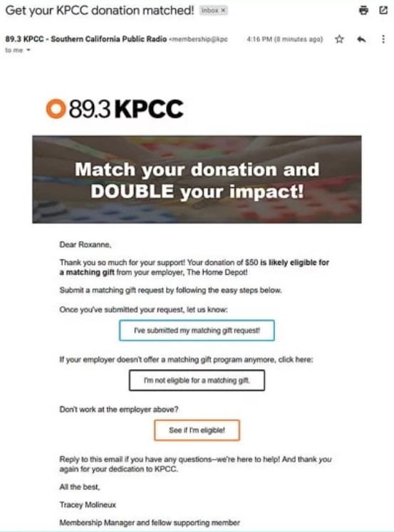 Marketing matching gifts in your donation process on the confirmation email