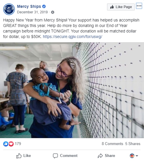 Take a look at Mercy Ships' Facebook appeal to help prioritize specific matching gift donation form elements.