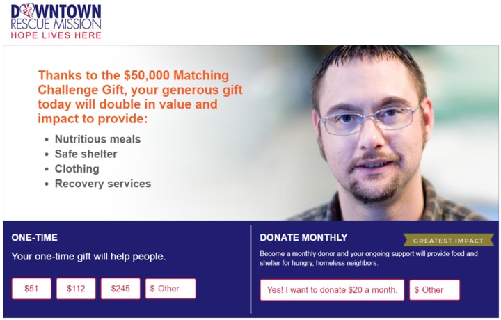 Rescue Mission includes matching gift appeals as part of their donation form elements.