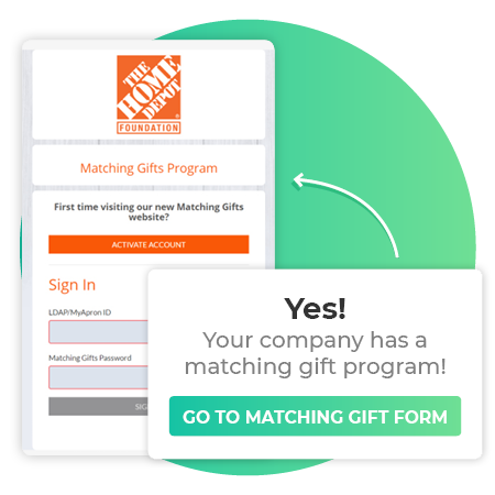 Home Depot's matching gift program confirmation page with a button to access the company's matching gift forms, guidelines, and instructions
