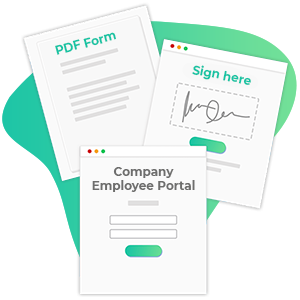 Examples of matching gift forms, including an online employee portal, PDF, esignature page