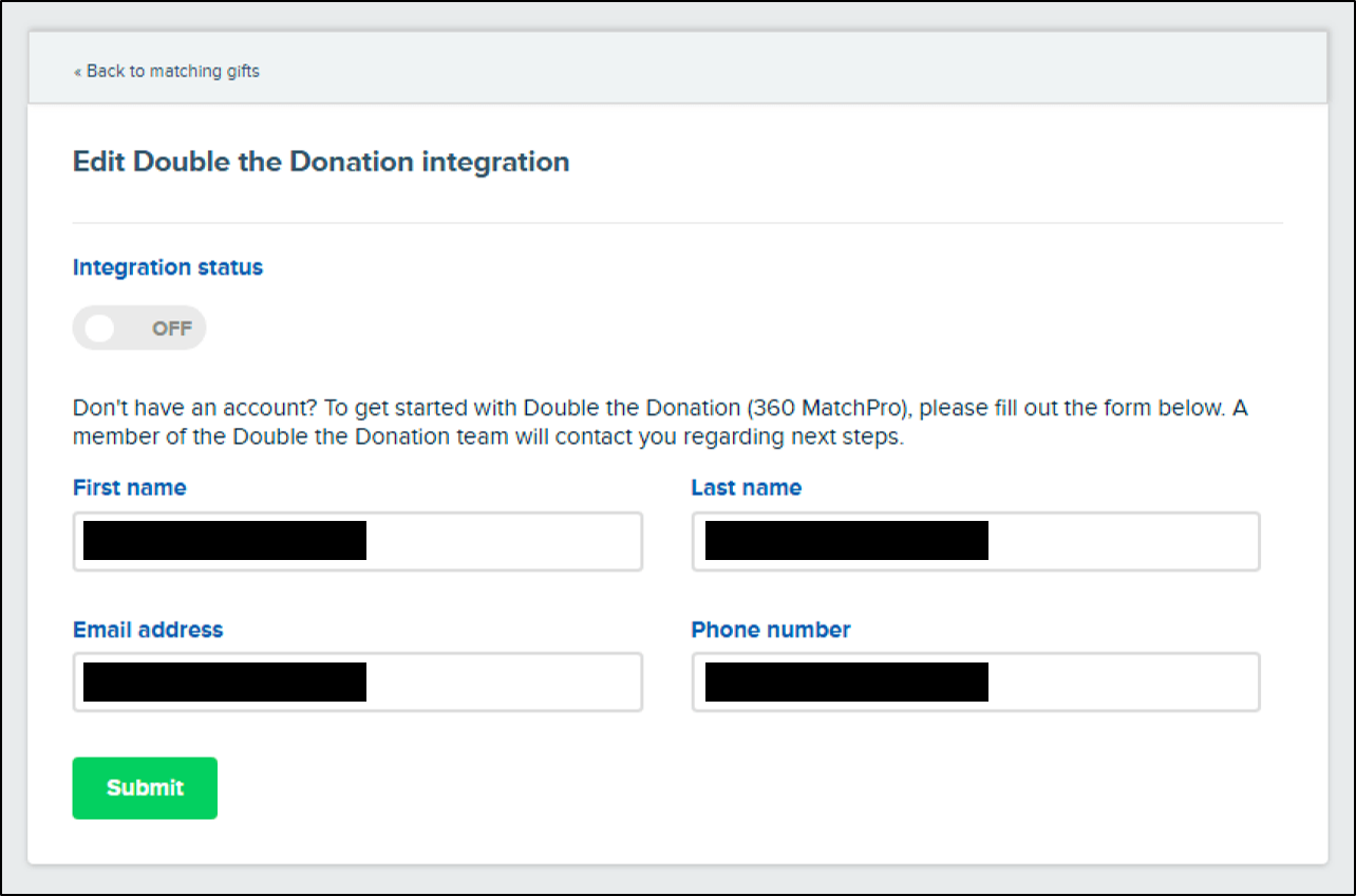 This image shows the RaiseDonors and Double the Donation integration set up page. It displays options to enter a name, email and phone number.