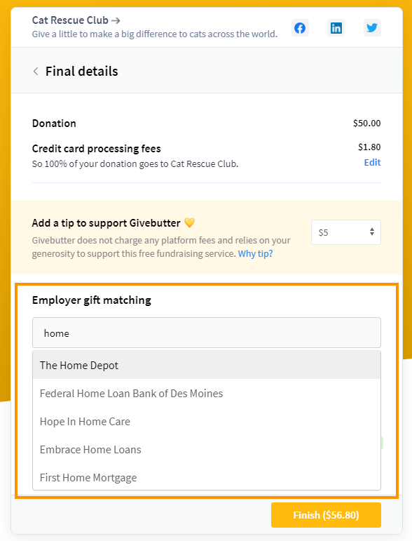 The autocomplete search tool appears on the Givebutter donation form.