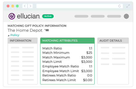 Example Matching Gift Policy Screen for Ellucian Integration