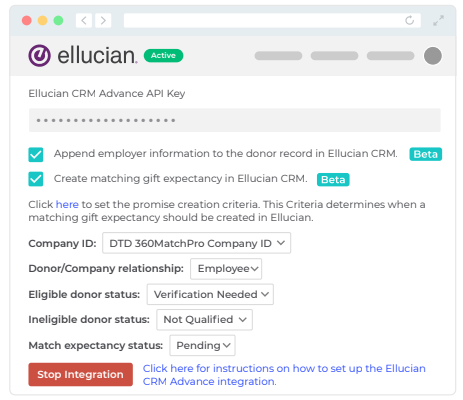 Ellucian CRM Advance API Key activation screen example