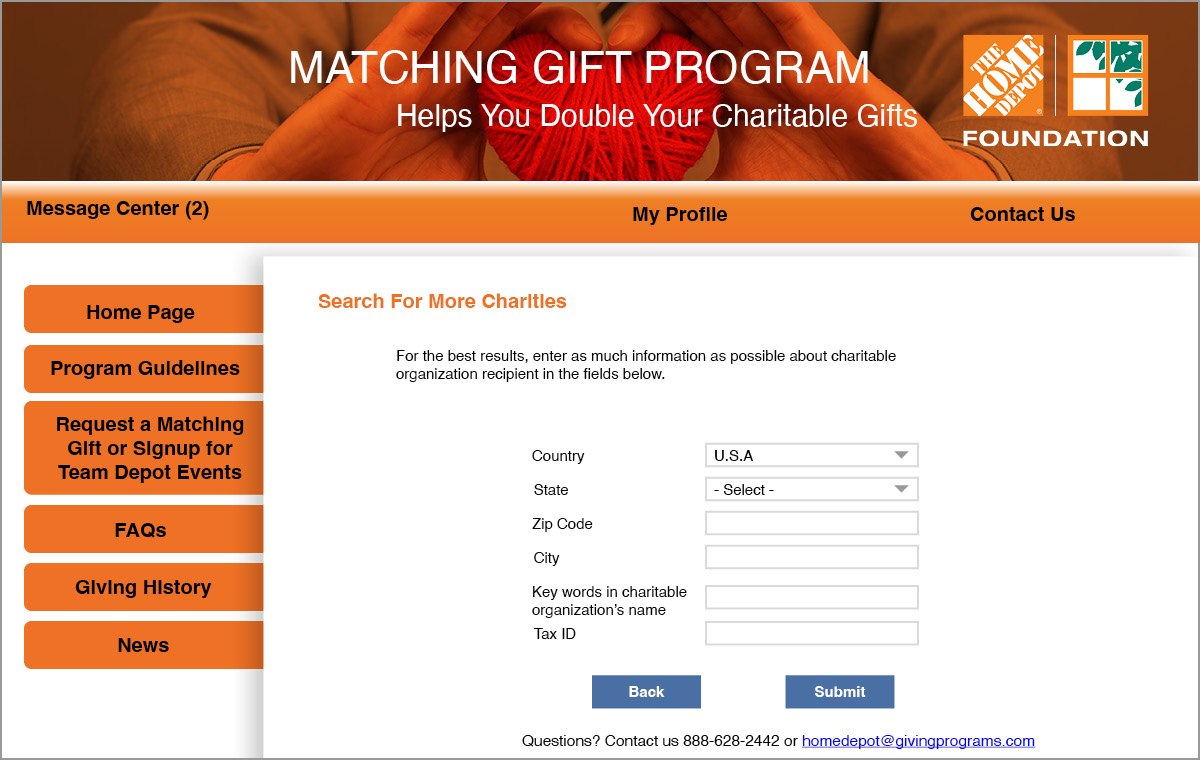 Matching gift submission process step 2 - screenshot