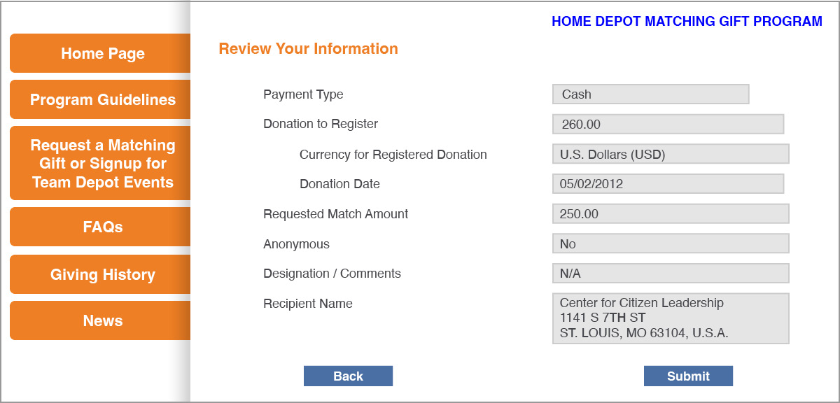 Matching gift submission process step 5 - screenshot