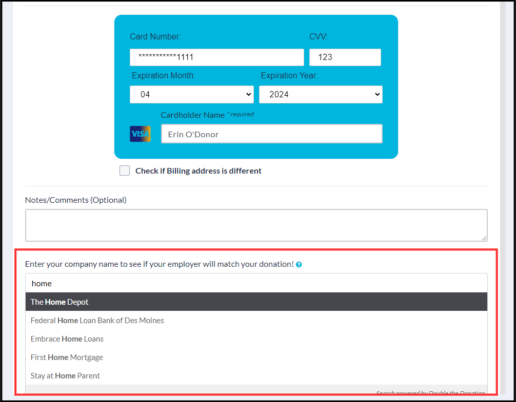 Donors can easily search their company name directly from their giving forms.