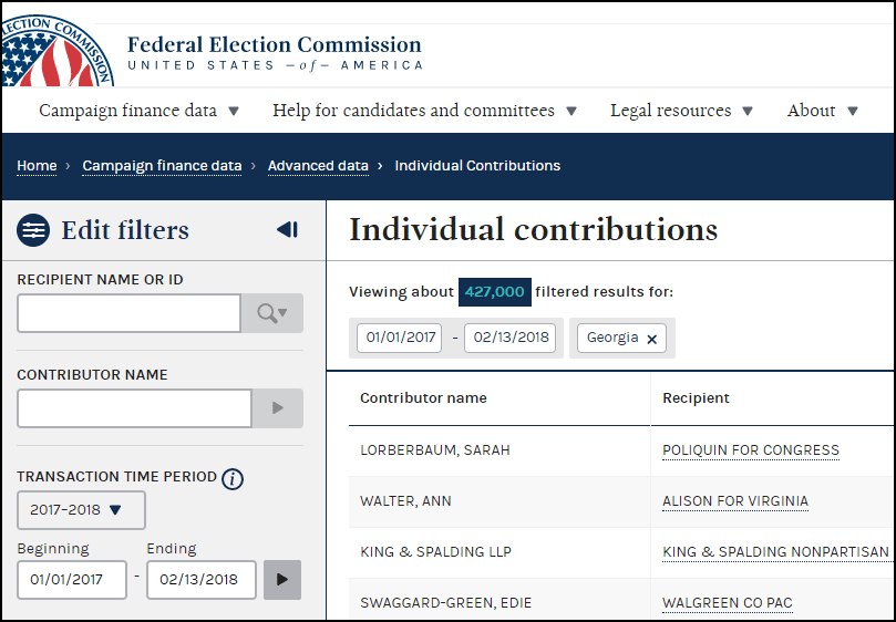 The FEC makes political contributions data easily accessible.